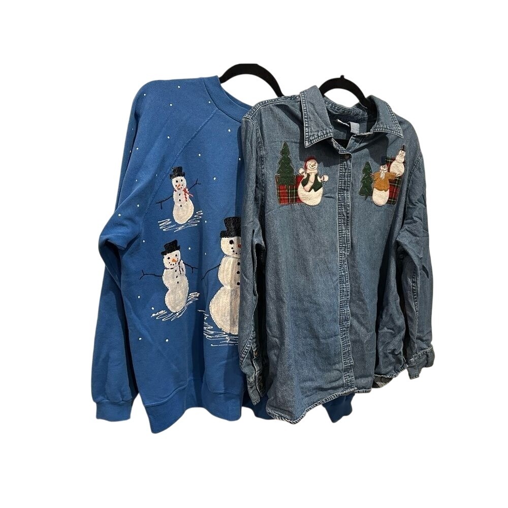 VINTAGE 2PC 1X Denim Snowman LS Button-Down XL Hanes Painted Snowman Sweatshirt